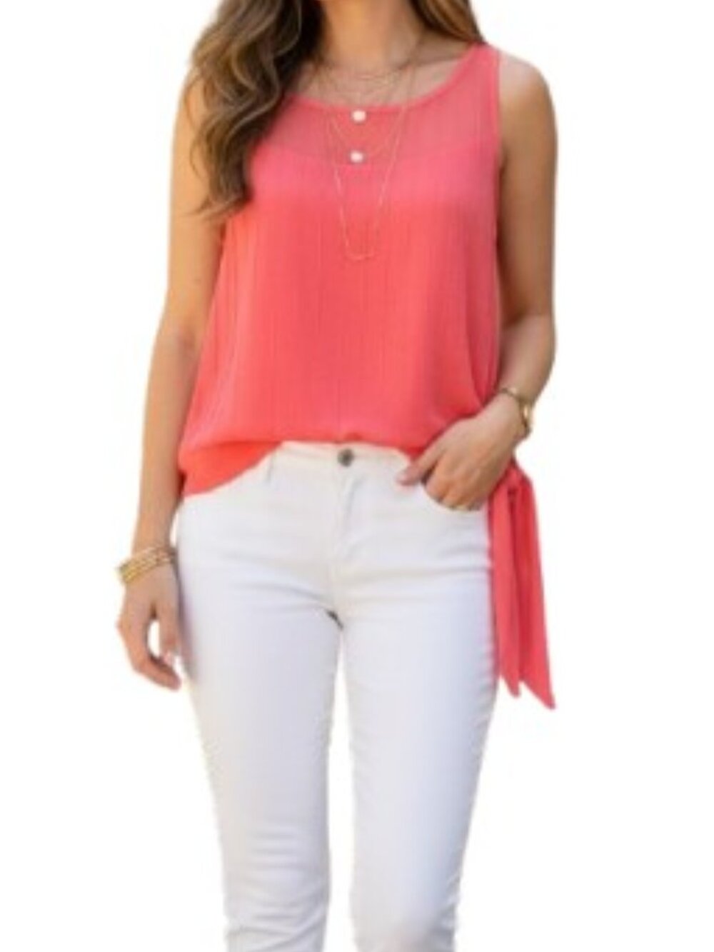 Ann Taylor Coral Silk Pintuck Tie Waist Tank Top Vintage Y2K  Size L - EUC
